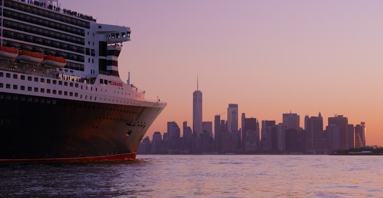 Queen Mary 2 exterior at sunset